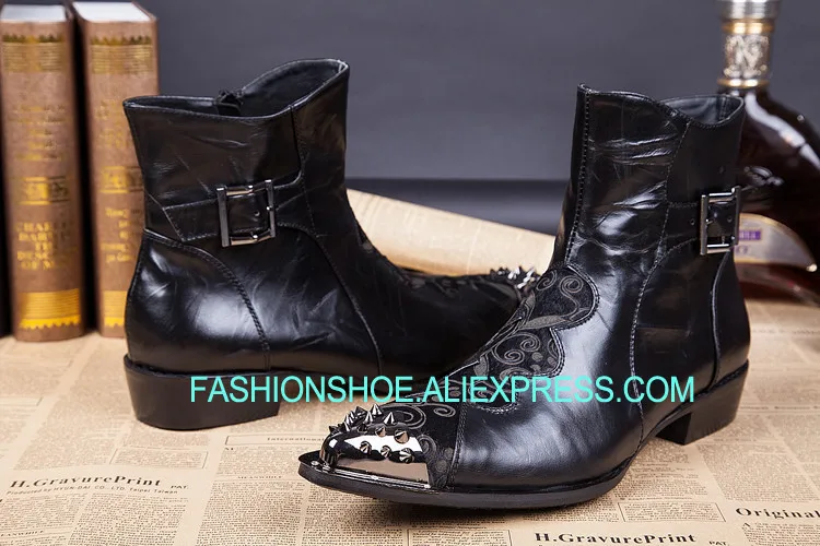

New 2018 Leather Men Ankle Boots Rivets Club Shoe For Man Fashion Men Cowboy Shoes New Brand Male Riding Shoes Plus Size 38-46