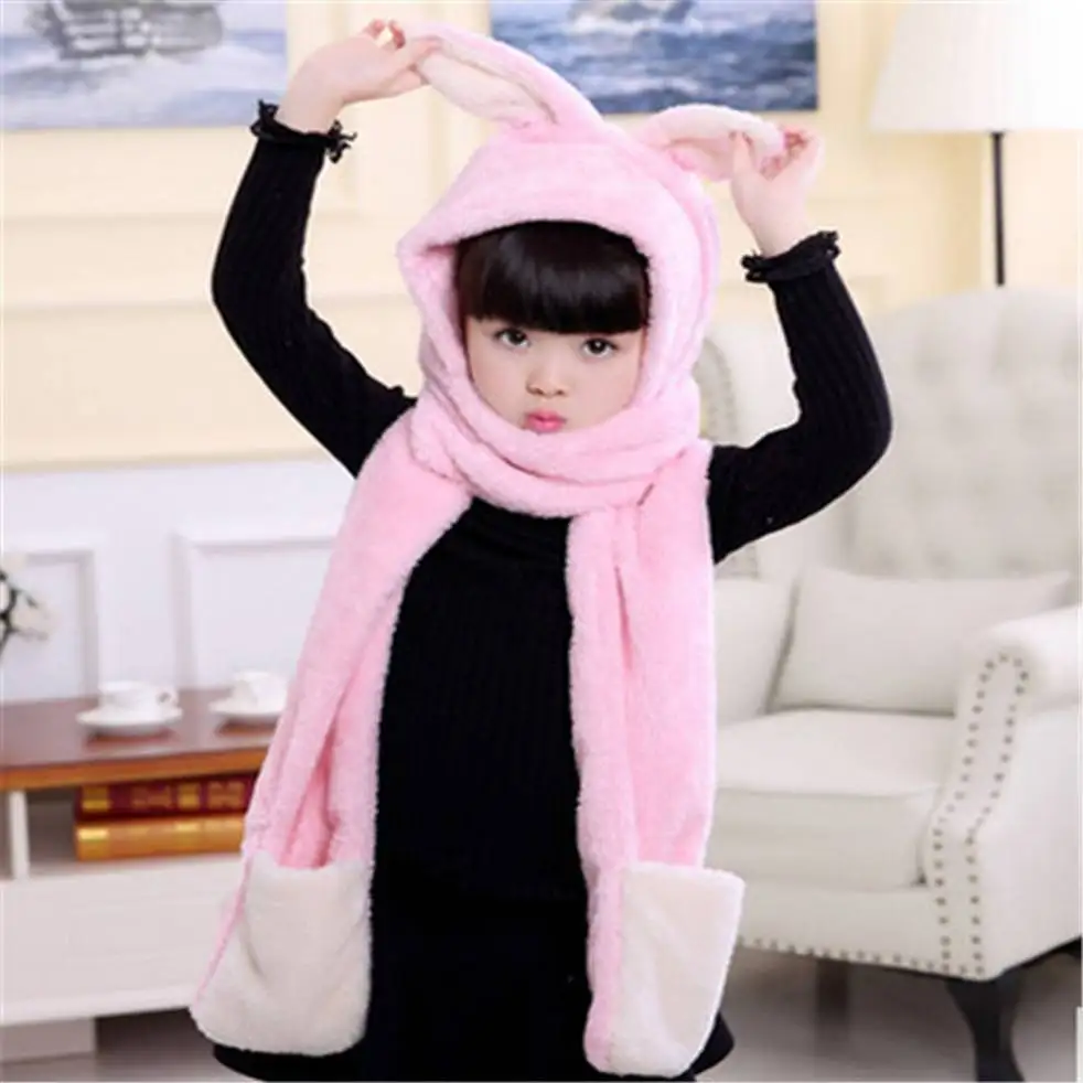 

Autumn Winter Rabbit Ear Children Scarf Lovely Girl Boy Beanie Cap Warm Plush Hat Scarf Glove Set Thick Hat+Hooded Soft Scarves