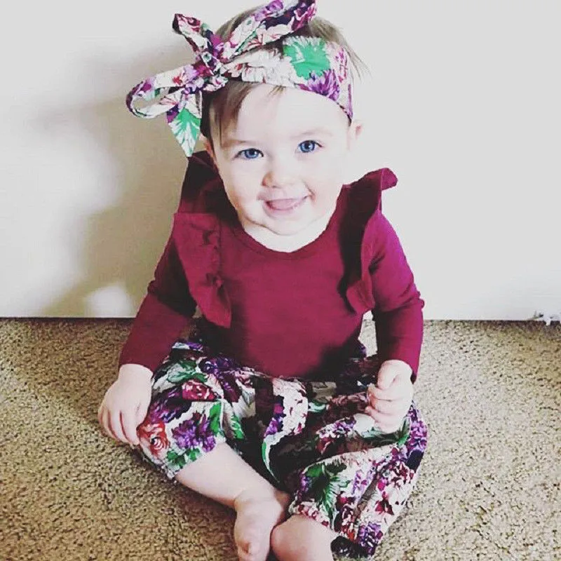 

0-18 Months Princess Newborn Kids Girls Ruffles Tops Floral Harem Pants Headband Outfits Baby Clothing Set Hot Sale