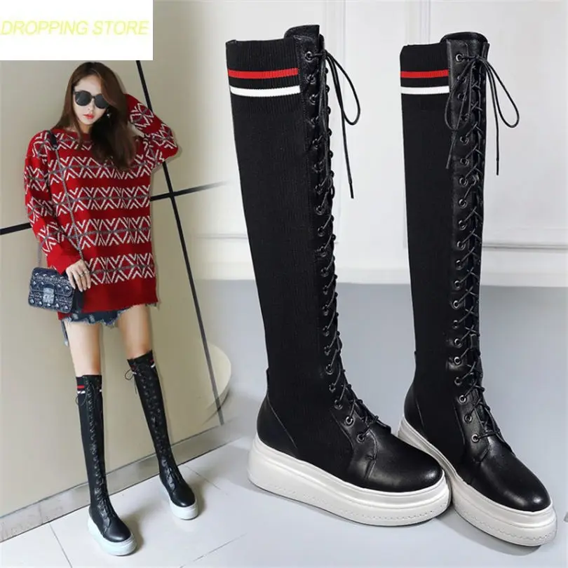 

Women Cow Leather Stretch Over The Knee Long Boots Wedge Kniting Stocking Thigh High Boots Round Toe Sneaker Shoes