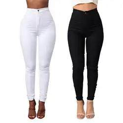 Джинсы стретч Высокая Талия Тонкий узкие брюки Для женщин джинсовые узкие брюки пикантные однотонные Цвет черные леггинсы с карманами M-3XL