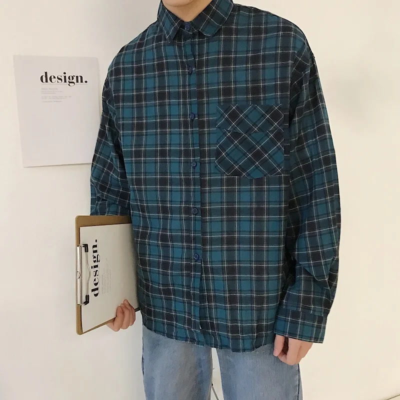 

2019 Spring New Cotton camisa Chinese Style Selfie Hot Port Wind Easy Standard Lattice hawaiian Shirt Free shipping Green