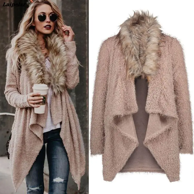 

Laipelar Women Long Open Cardigan Casual Faux Fur Collar Coat Ladies Autumn Winter Fashion Soft Outwear Jacket Oversize