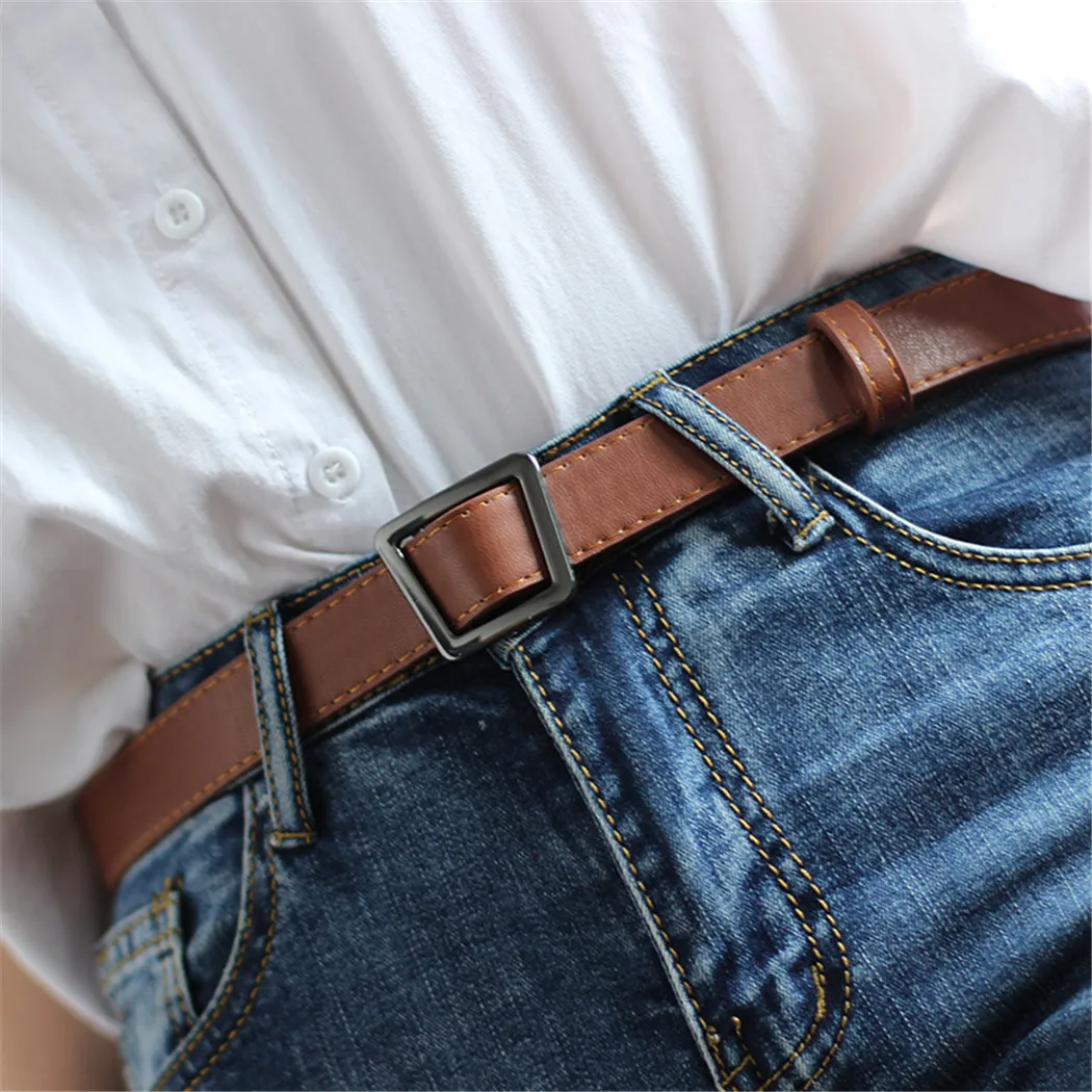 New Irregular Geometric Pin Buckle Belt Women Vintage Thin Leather