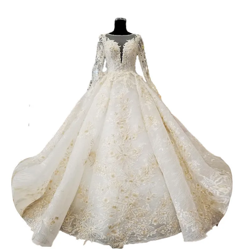 2018 Роскошные Шампанское Тюль Винтаж Свадебные платья одежда с длинным рукавом собор Поезд бальное платье принцессы Vestido De Novias Bodas