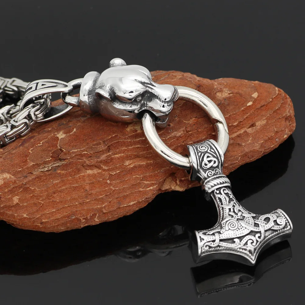 

Men Stainless Steel odin wolf head with thor hammer MJOLNIR knot amulet pagan pendant necklace