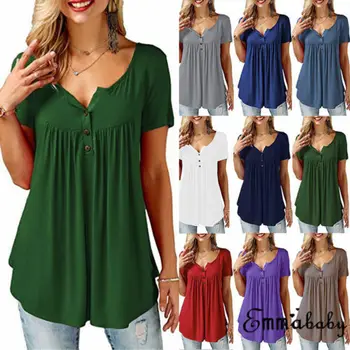 

Women Blouse Solid Summer Loose Short Sleeve Casual Blouse Buttons Shirt Tops