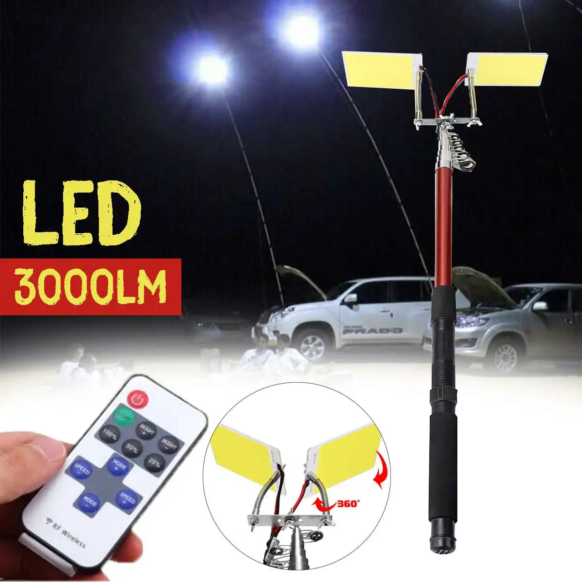 

3.75M 12V Telescopic LED Fishing Rod Outdoor Lantern Remote Control Camping Lamp Light for Road Trip Self-drive Travelling