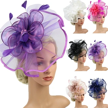 

Women Fascinator Penny Mesh Hat Ribbons Flower Bead Wedding Cocktail Hat Feather Headwear