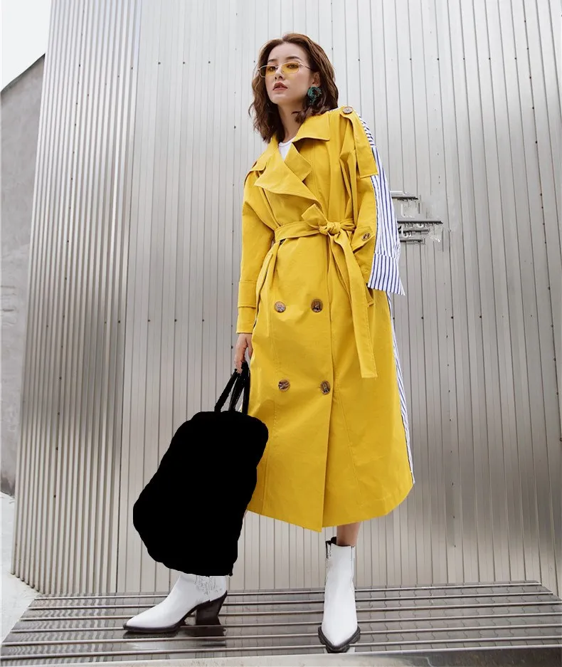 

Women Long Sleeve Patchwork Striped Windbreaker Coat Female Lace up Trench Overcoat Autumn Casual Clothes