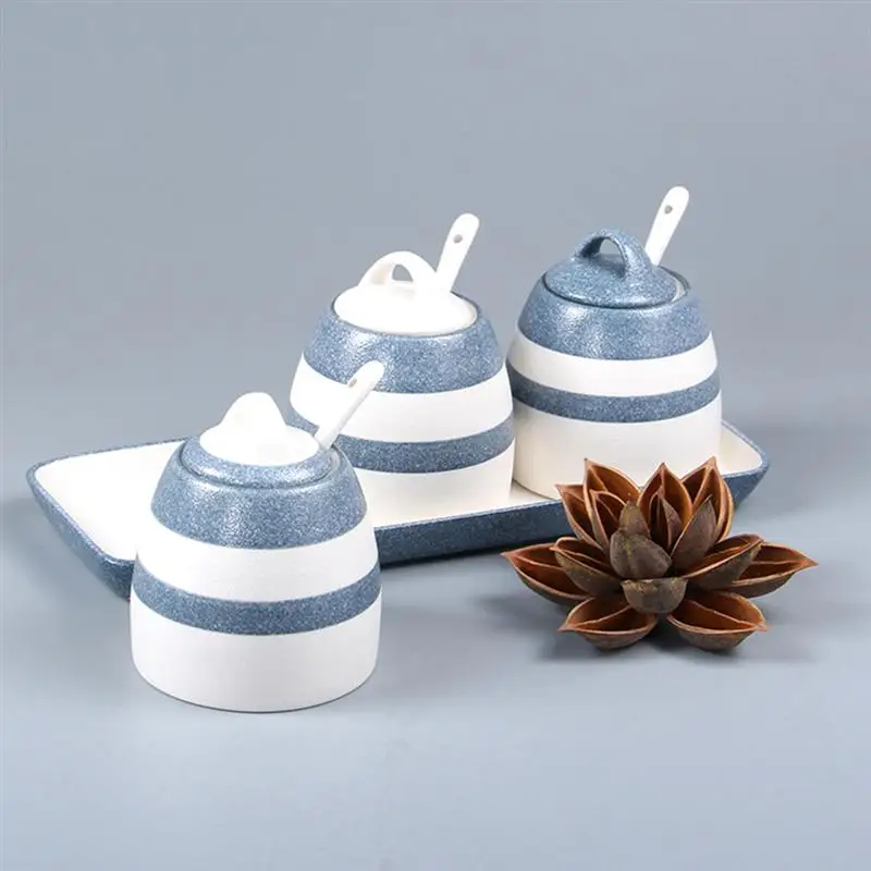 

3pcs In 1 Set Creative Style Ceramic Seasoning Bottle Set Condiment Jar With Lid Spoon And Serving Trays Kitchen Accessories