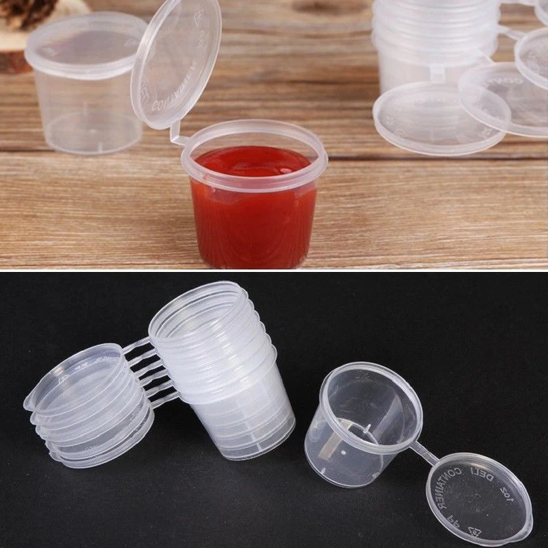 

50Pcs 1 Set 25ml/40ml Plastic Small Sauce Food Cups Storage Containers Clear Boxes + Lids
