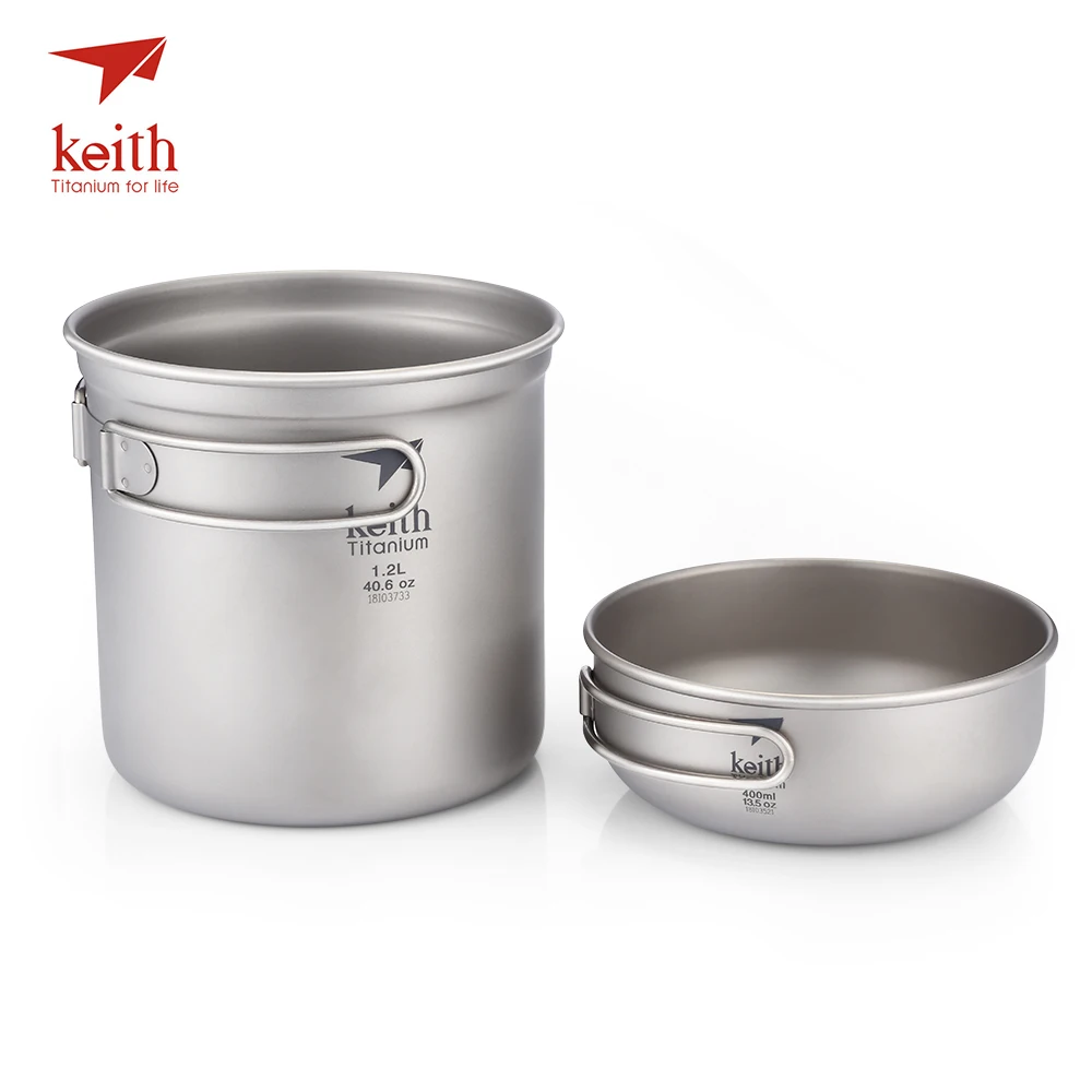 Keith 1.2L+400ml Lightweight Portable Foldable Titanium Pot Bowl with