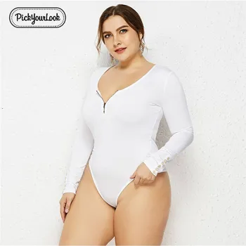 Pickyourlook Plus Size Lady Bodysuit Body Long Sleeve Solid Color Autumn Zipper Women Romper Oversize Sexy Female Large Romper