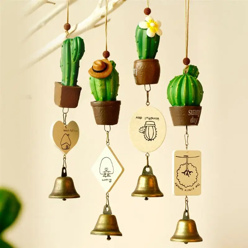 

1Pc Cute Cactus Succulent Hanging Windchime Resin Pot with Bells for Home Patio Outdoors Car Haning Decor Garden