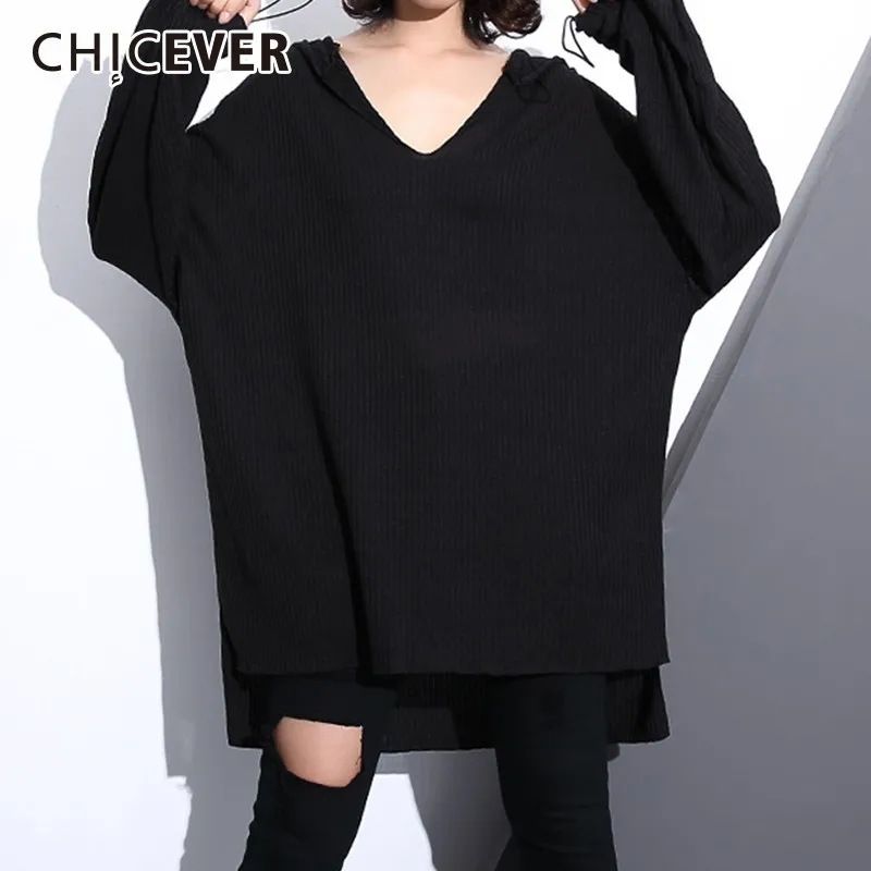 

CHICEVER Autumn Sweater For Women Hooded V Neck Long Sleeve Casual Loose Oversize Knitting Pullovers Tops Female Fashion Tide