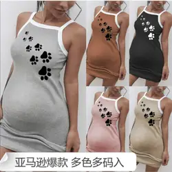 Летние модные пикантные тонкий мешок хип для беременных платье печать кот следы для беременных Для женщин подтяжки для одежды платья для