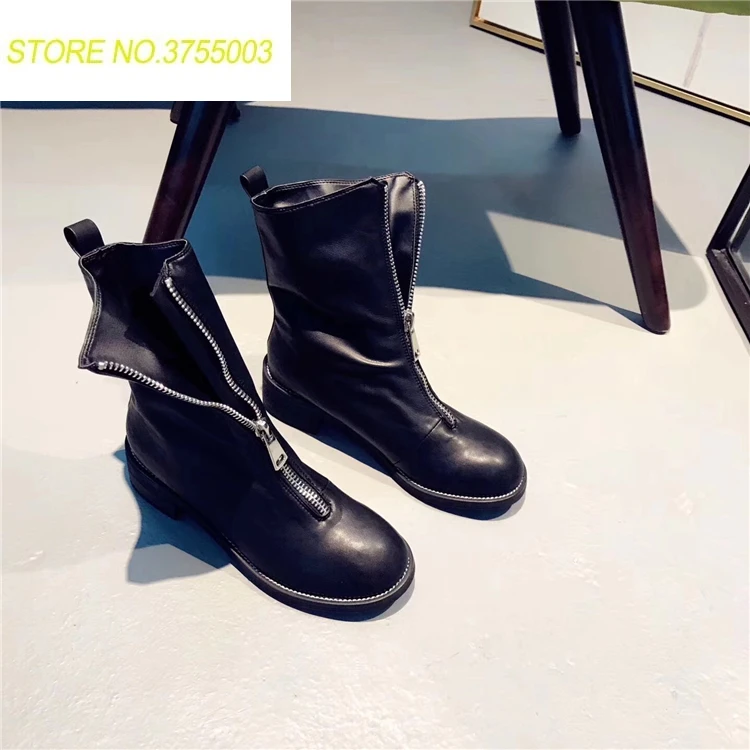 

Zipper Front Knight Style Women Fashion Ankle Boots Round Toe Female Square Med Heel Martin Boots Black Leather Vintage Boots