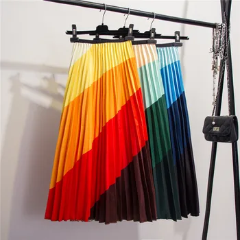 

2019 New-coming Autumn Rainbow Discoloration Silk Surface Retro Women Skirts High Street A-Line Multi-color Skirts