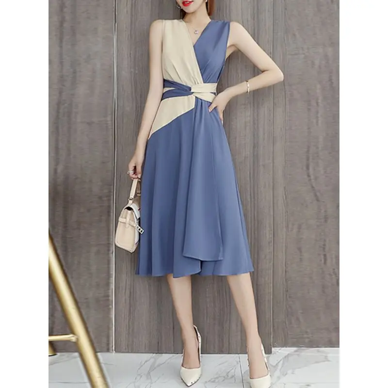 

Korean Style Elegant Sexy Party Vintage Women Dresses Summer Chiffon High Waist Bowknot Simple Blue Female Fashion Retro Dress