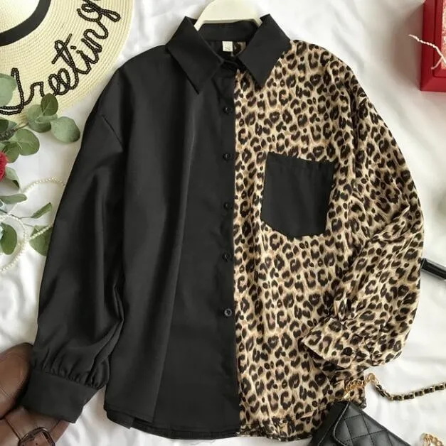 

European Style Women 2019 Spring Long Sleeves Contrast Leopard Pattern Blouse Korean Loose Causal Polka Dots Snakeskin Shirts