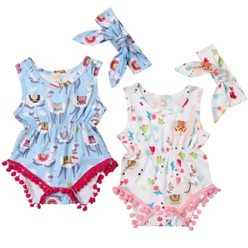2PCS Set Infant Kids Baby Girls Sleeveless Floral Romper Jumpsuit and Headband Outfits Set
