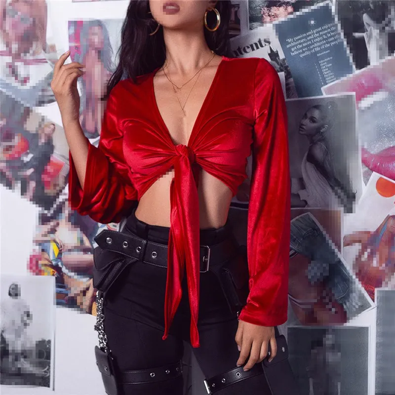 

Women Sexy Deep V Neck Lace Up Bow Crop Tops 2019 Spring Velvet Long Flare Sleeve Slim T-Shirt Short Solid Casual Tee