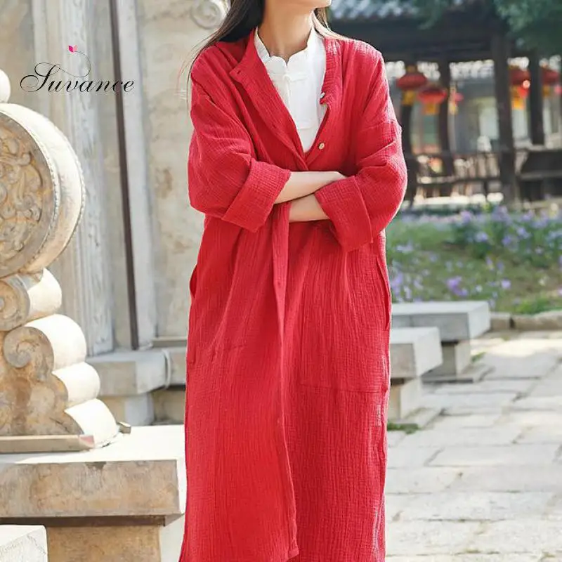 

Suvance 2019 Spring Summer Vintage 3 Solid Color Linen Long Sleeve Women Long Coat Jl-bxf2374