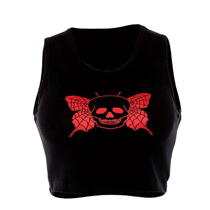 Rosetic Skull Print Tank Tops Gothic Casual Black Crop Top Women Summer
