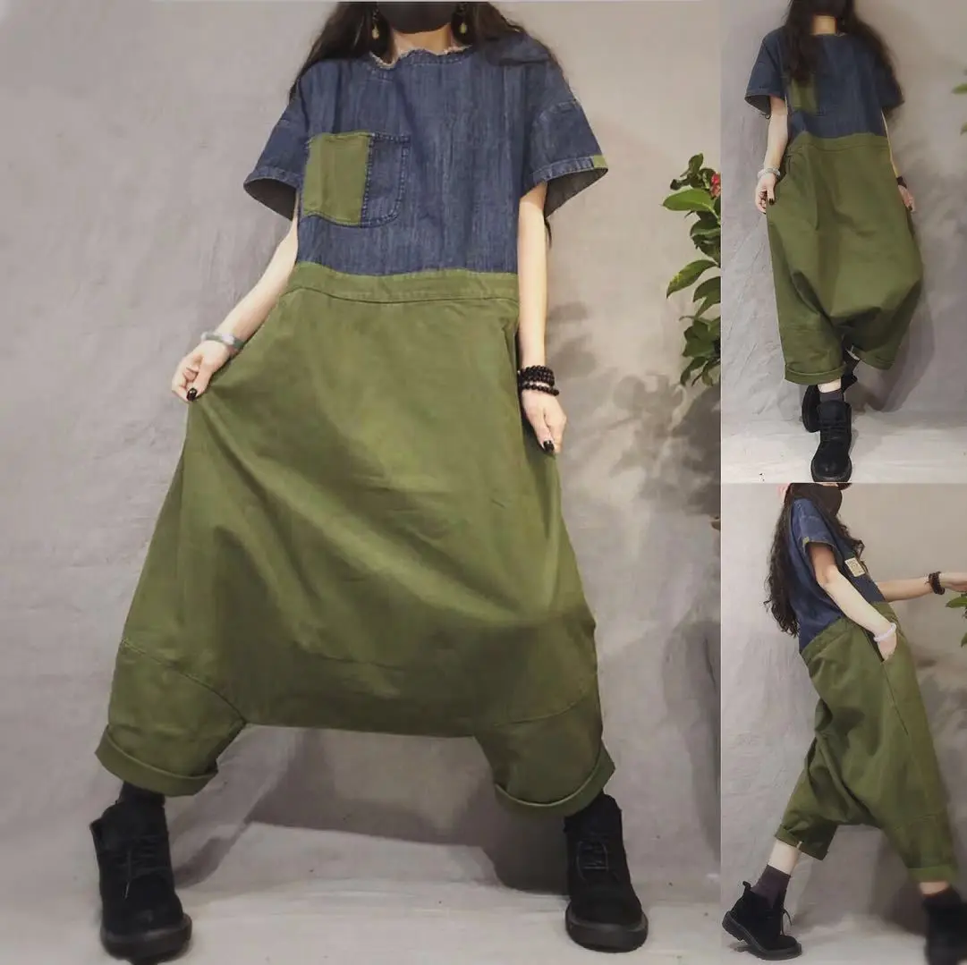 

Women Baggy Patchwork Jumpsuits Short Sleeve denim Playsuits O-Neck hanging crotch Rompers Cowboy One-piece Working Overalls