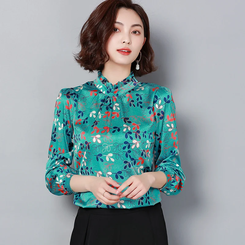 Green,Pink Flower Tops and Blouses Spring Autumn Women Long Sleeve Floral Print Top Blouse