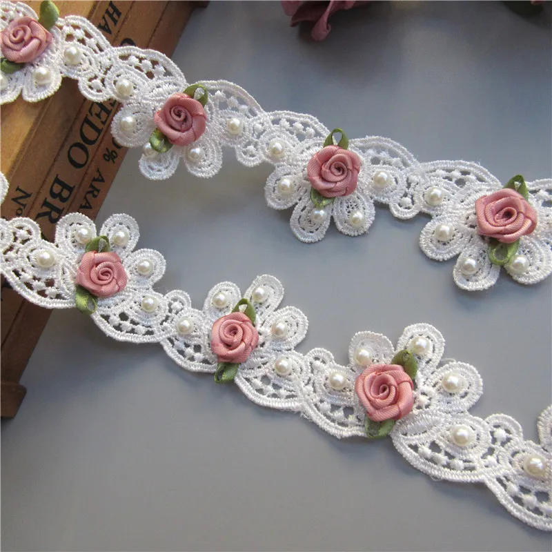 

1yard Soluble White Pearl Rose Flowers Embroidered Lace Trim Ribbon Fabric Sewing Craft For Costume Wedding Dress Decoration
