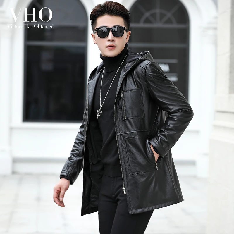 

VHO motorcycle/biker genuine leather jacket medium long hooded fashion casual natural real cow leather dust coats for men