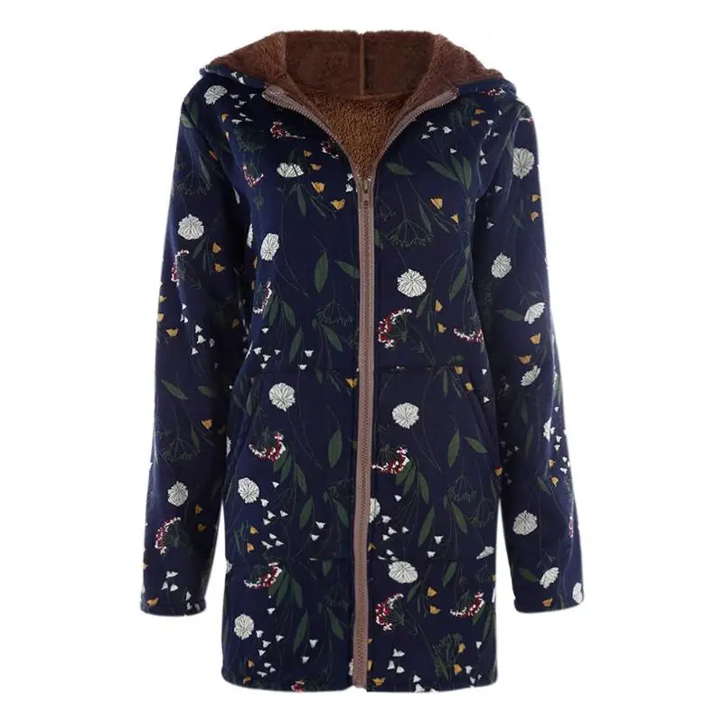 

Winter Jackets Cotton Women Warm Floral Print Pockets Vintage Hooded Coats Long Sleeve Cotton Overcoat Fashion Female Streetwear