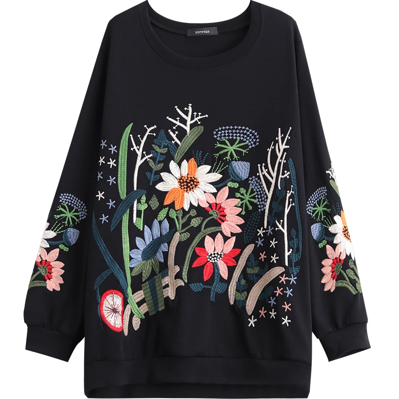 LANMREM 2019 новый вышивка цветы Толстовка для Для женщин Весна Мода черный o-образным вырезом Женский Большой Размеры свободные топы Vestido YG172