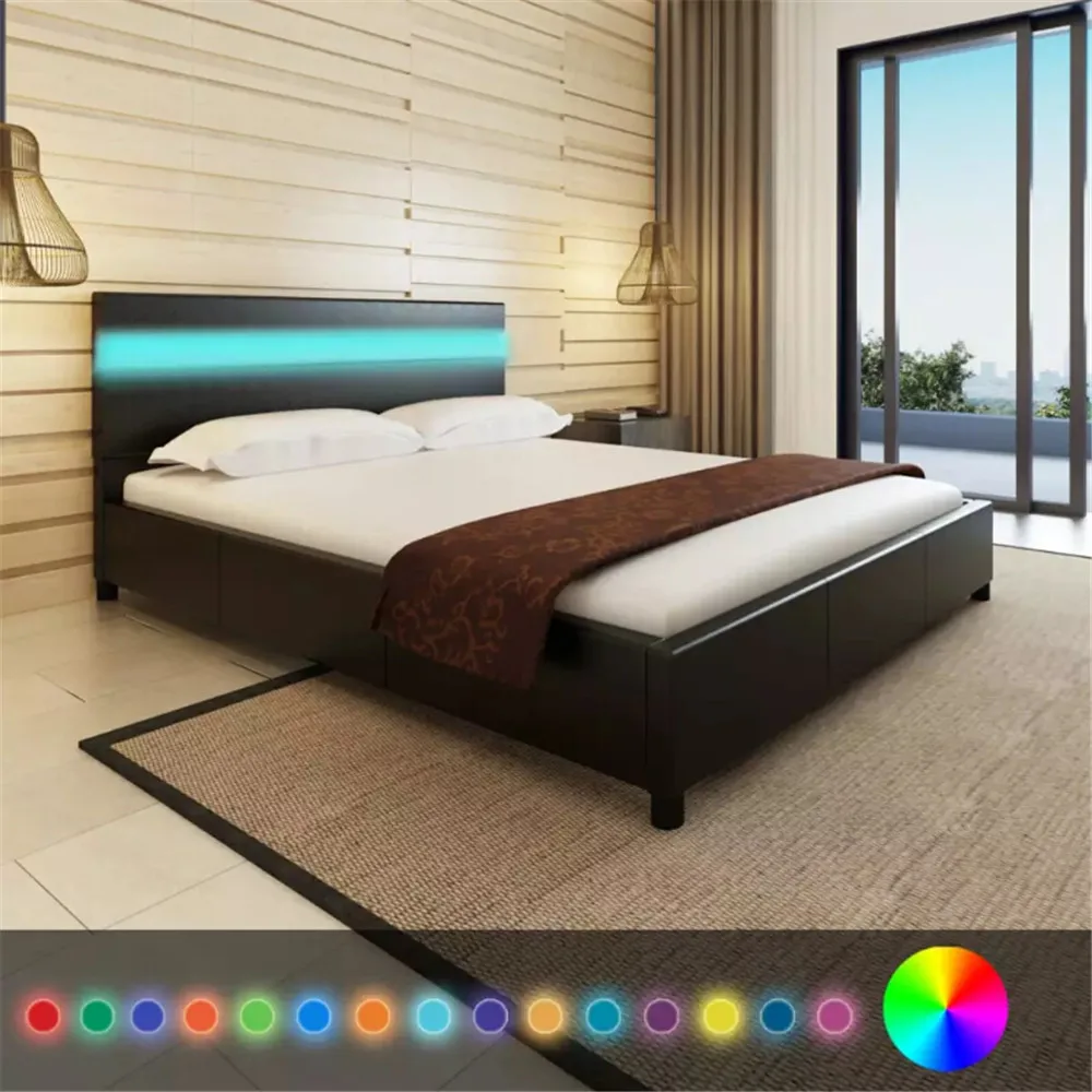 VidaXL Black Artificial Leather Bed Frame with LED Headboard 200 X 160 cm Bed Base for Home Bedroom Hotel