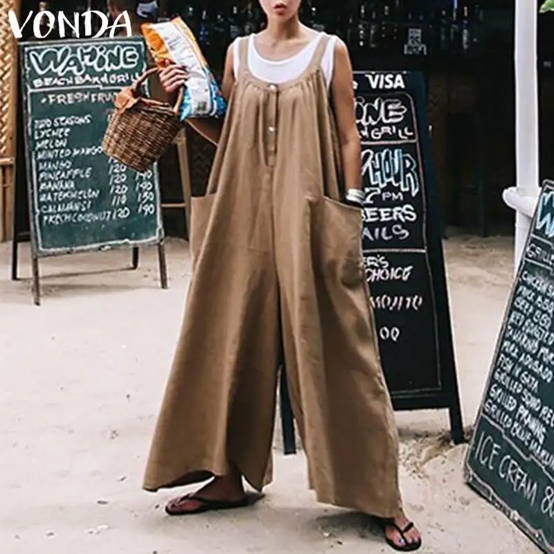 

VONDA Rompers Women Jumpsuits 2019 Summer Wide Leg Pants Casual Loose O Neck Pockets Sleeveless Playsuit Plus Size Solid Overall