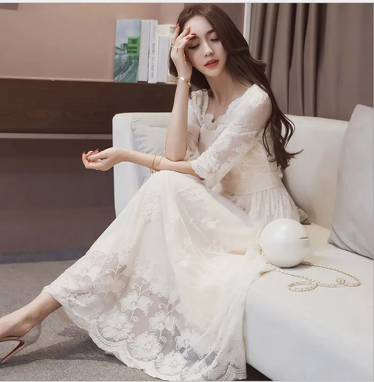 

Women Square Neck Elegant Lace Long Dress Sexy Maxi Party Dresses Vestidos