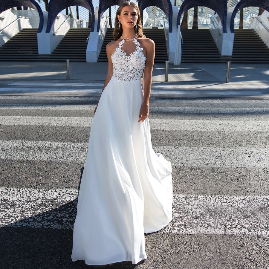 

Halter Sleeveless Robe De Mariage Wedding Dress 2019 Beading Lace Applique Bridal Gowns Robe De Mariee with Illusion Back