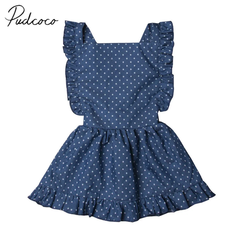 Брендовое Новое Детское летнее платье в горошек с оборками для маленьких девочек, голубое платье без рукавов в горошек до колена с поясом и открытой спиной, сарафан, От 1 до 6 лет