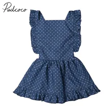 Брендовое Новое Детское летнее платье в горошек с оборками для маленьких девочек, голубое платье без рукавов в горошек до колена с поясом и открытой спиной, сарафан, От 1 до 6 лет
