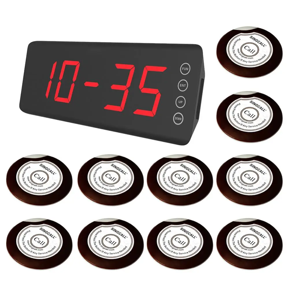 

SINGCALL Wireless Calling Alarm Paging System. 10 Table Bells Buttons APE700 white color and 1 Display Screen Receiver SC-R50