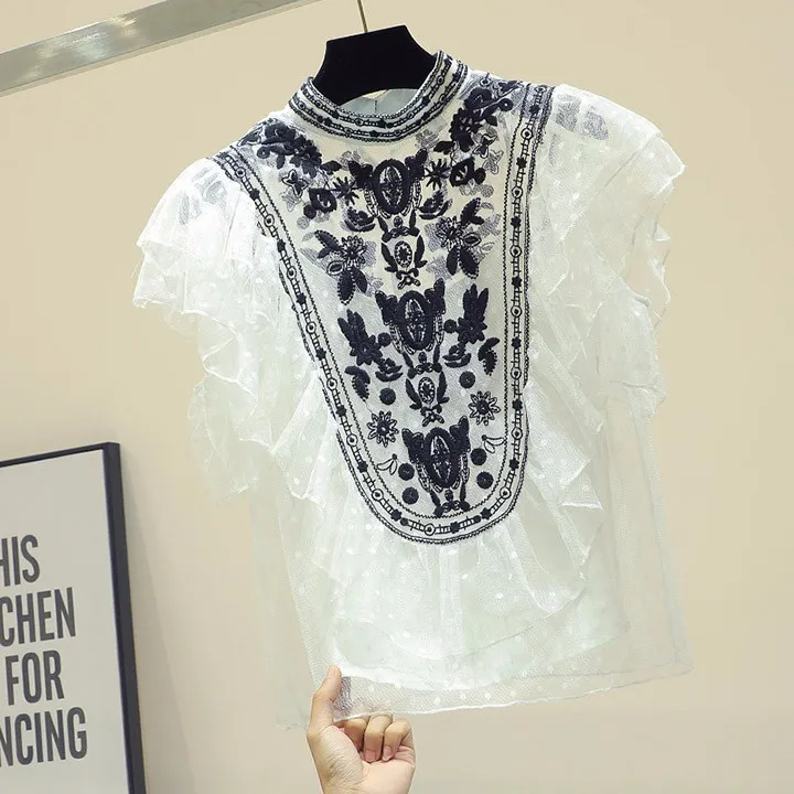 Кружевная блузка с оборками для женщин, новинка, свободные сетчатые Лоскутные винтажные топы со стоячим воротником и коротким рукавом, 2 цвета