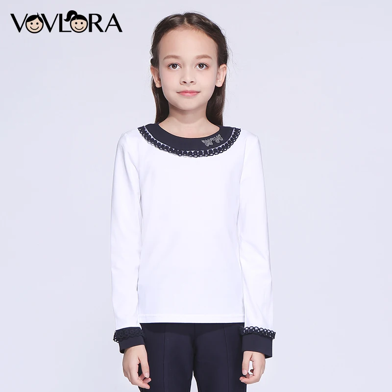 Girls School T shirts Lace Patchwork Cotton Kids T shirts Tops Knitted White O neck Children Clothes 2018 Size 7 8 9 10 11 12 Y