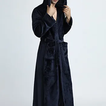 

Men'S Winter Flannel Hooded Robe Male Warm Long Bathrobes Comfort Solid Bath Robe Casual Lovers Kimono Male Lounge Robes Green