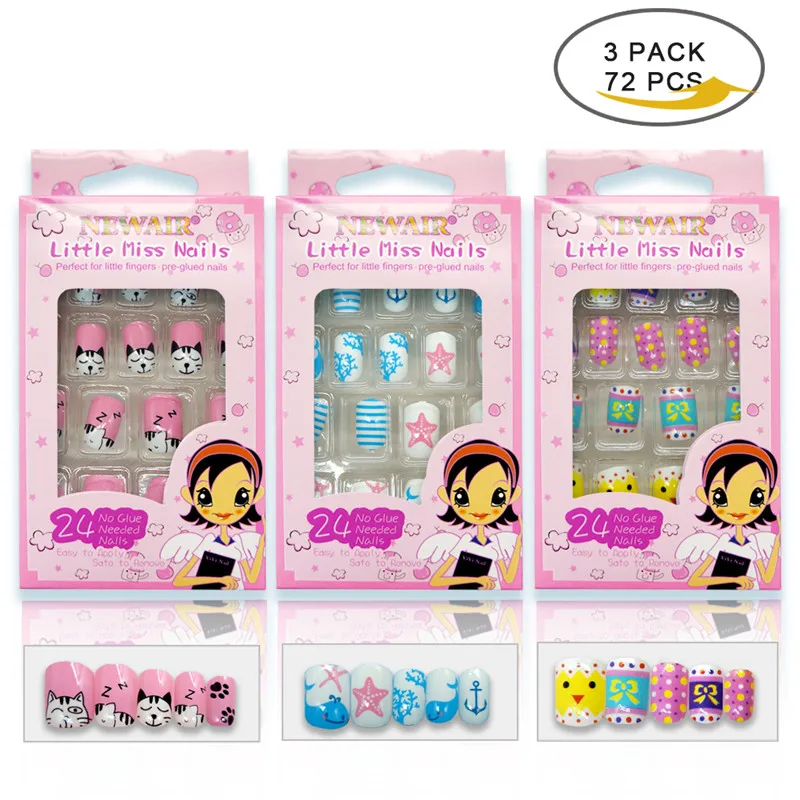 

Press on Kids False Nails in Box 72PCS Sweet Full Cover Fake Nail Tips Artificial ABS DIY Nail Art