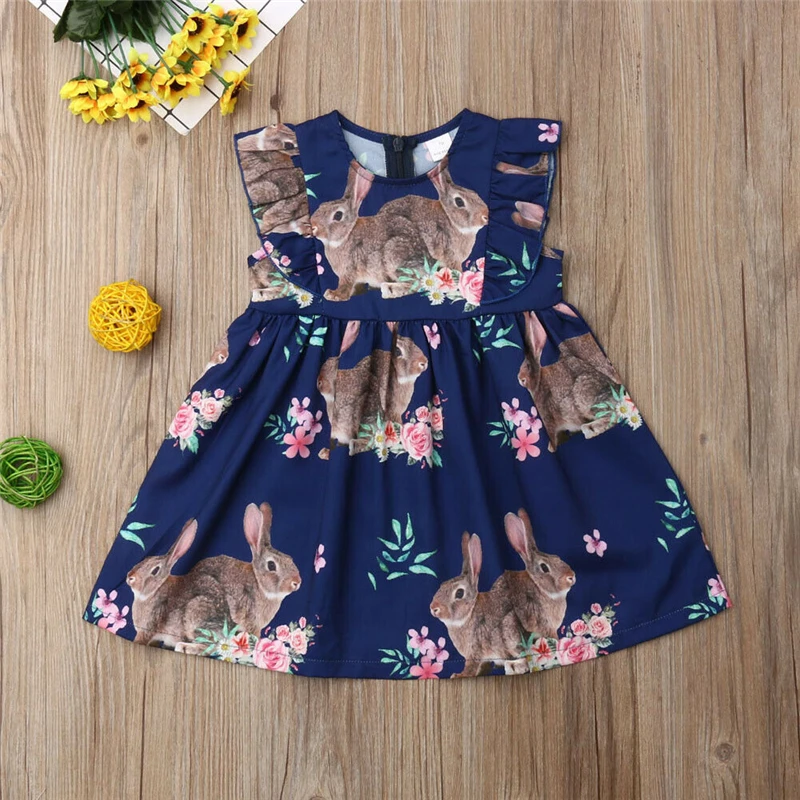 

Easter Kids Baby Girls Cotton Rabbit Dress Ruffles Flying Sleeve Fashion Party Dress Pageant Sundress