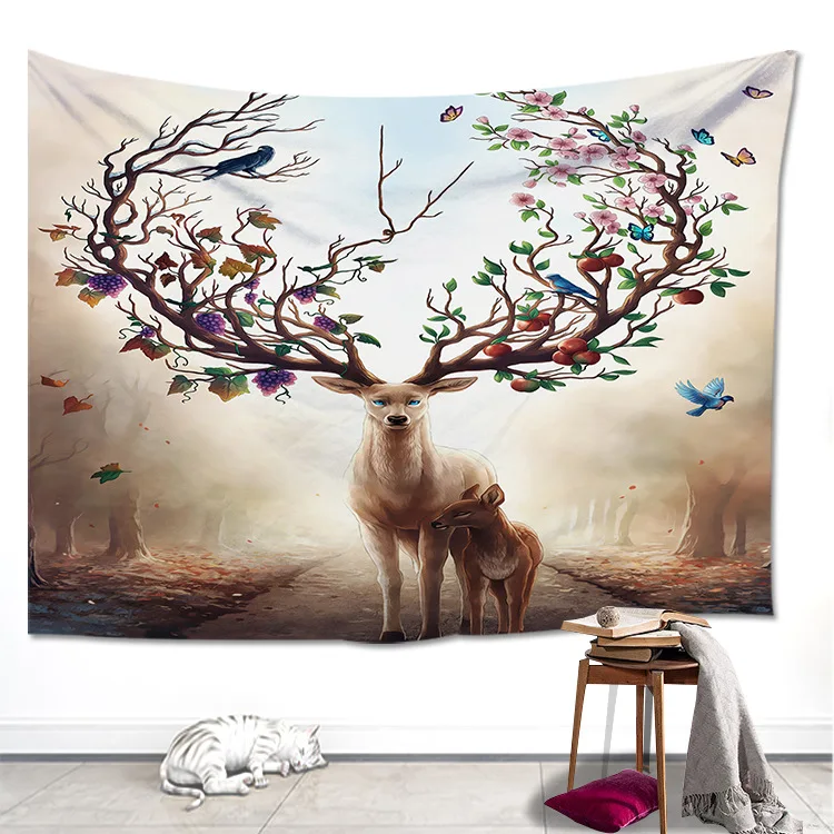 

Ins Beautiful Forest Mist Deer Tapestry Flower Antler Little Fawn Bed Wall Sticker Cloth Home Decoration Blanket