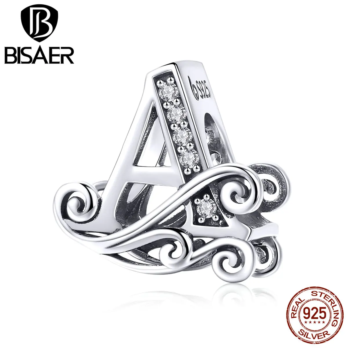 

BISAER charms bracelet silver 925 original Zircon Alphabet A beads for jewelry making Gift for Women GAC030-A