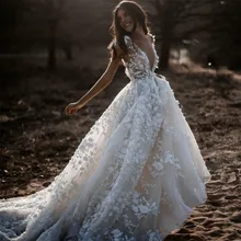 Sexy boêmio vestido de casamento 2021 mangas curtas decote em v profundo 3d apliques florais vestidos de noiva sem encosto
